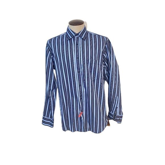 Bugatchi Uomo Blue Stripe Cotton Shirt Large - Picture 1 of 5